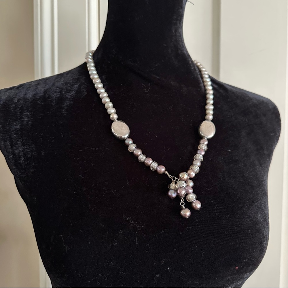 Real Pearls Metallic Purple Silver Glass Glitter Sterling Handmade Necklace ooak